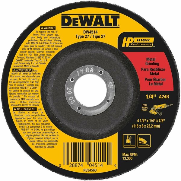 Dewalt Grinding Wheel, 4-1/2X1/4X7/8 Metal Fast Cut Dcw DW4514Z